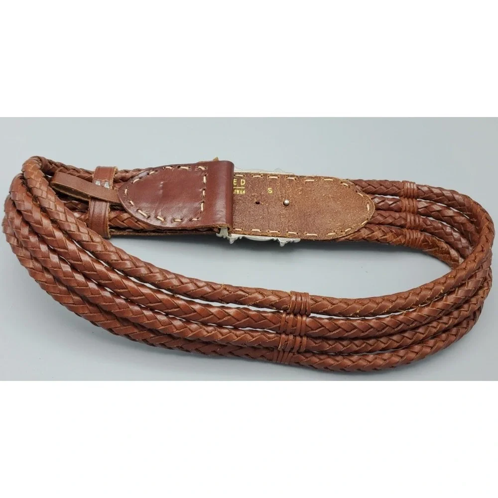 VTG The Limited Western Brown Leather Braided Women Small Belt Silvertone Buckle